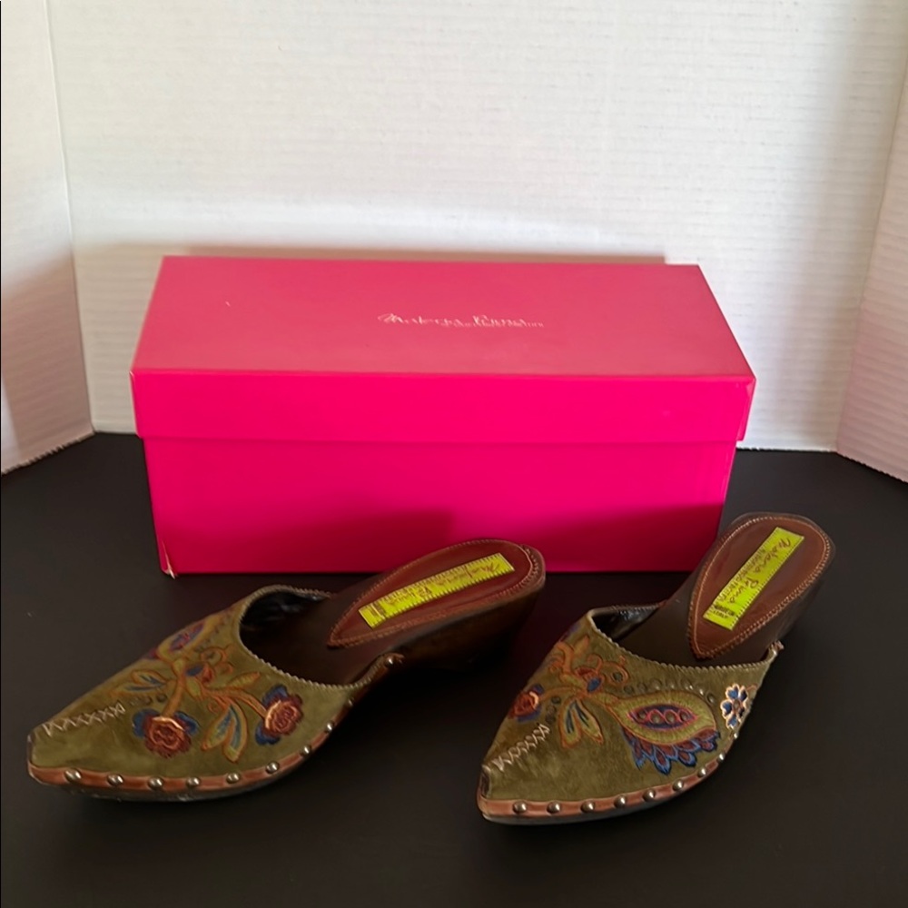 Green Perforated Slip-On Mules with Raised Heel
